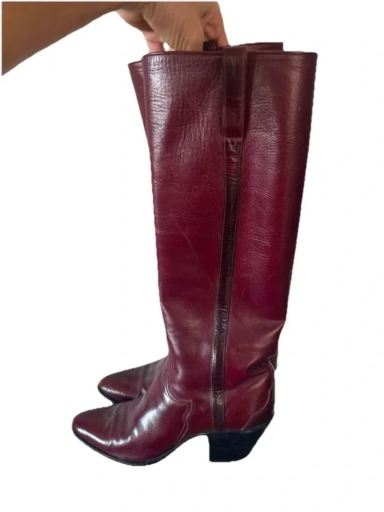 Vintage Burgundy Leather Knee High Boots Western Y2K Size 5.5B Bohemian Festival - Picture 2 of 16